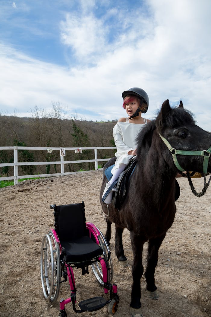 Cute girl in helmet riding black fluffy pony near wheelchair in paddock under blue sky with clouds